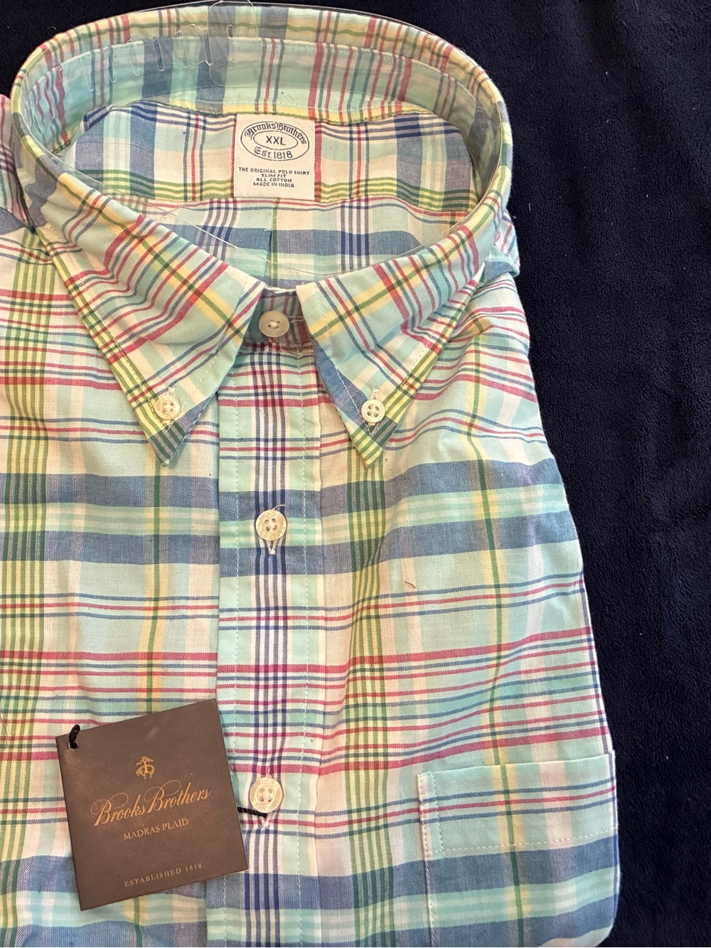 Brooks Brothers Madras Plaid Button-Down Shirt slim fit- Light Blue, Green, Pink